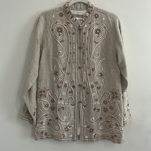 Coldwater Creek Linen Jacket Embroidered Boho Natural Hippie M Fall romantic